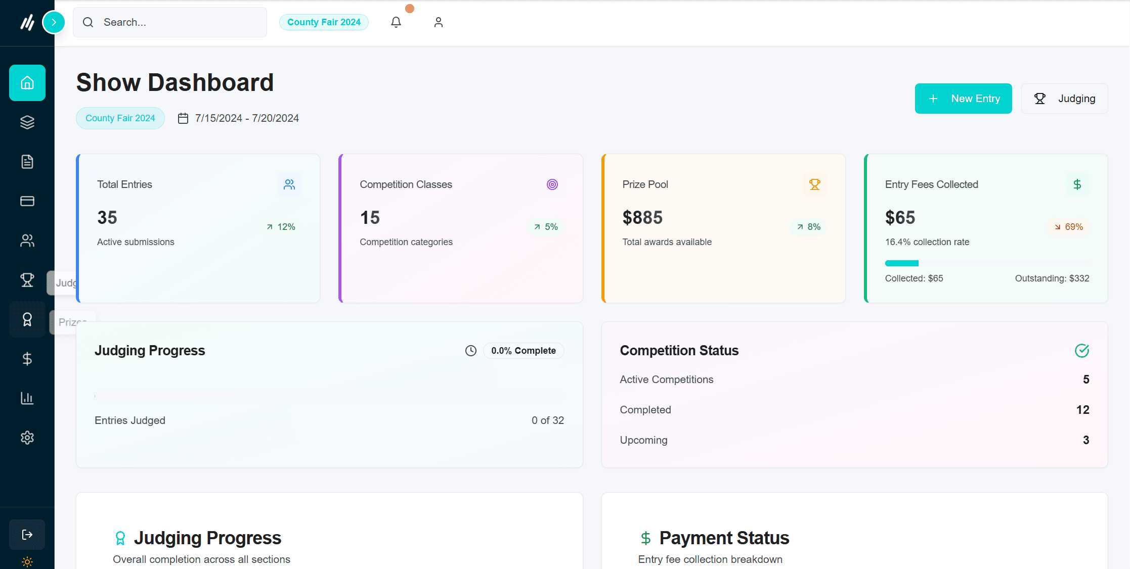 TallyUp Dashboard showing show management interface with entry statistics, judging progress, and financial tracking